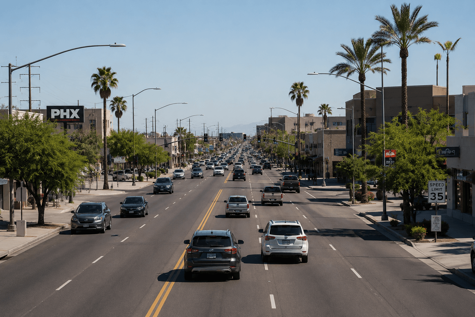 Avenida comercial de Phoenix, Arizona, con palmeras, negocios locales y tráfico cotidiano